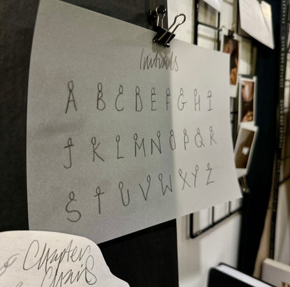 A handmade alphabet poster showing lowercase initials from a to z in a handwritten font, clipped to a dark display board in a retail or office setting.